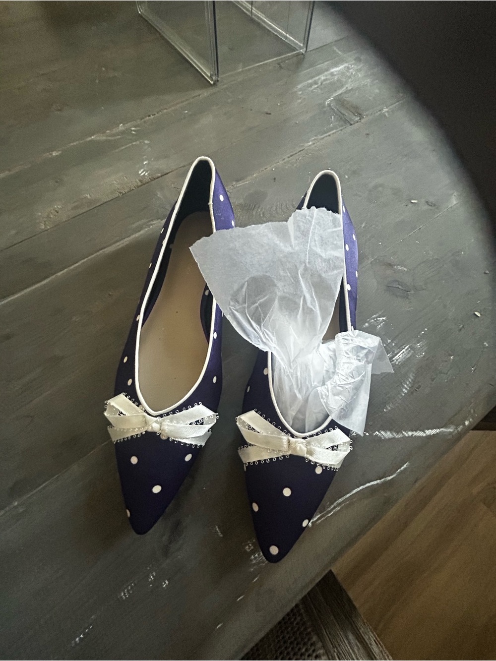 For Love And Lemons polka Dot Pointed Toe Ballet Flats with Bow - Navy